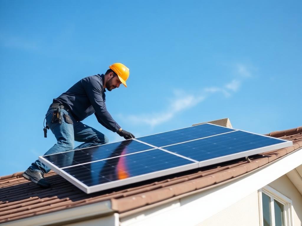 Solar installer mounting glossy black panels on residential roof
