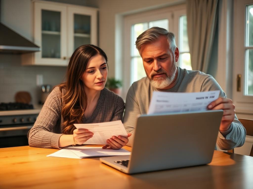 Homeowner couple reviewing high electricity bill at kitchen table