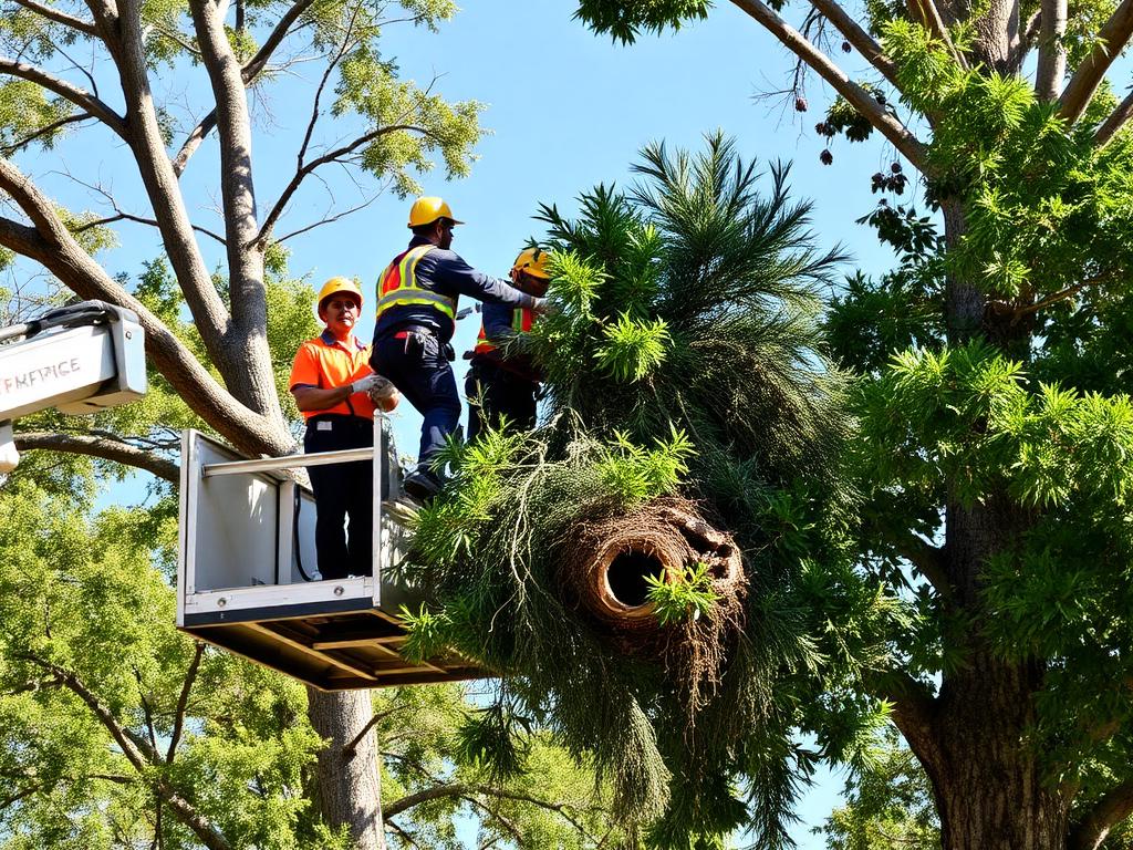 Tree service crew with bucket truck and wood chipper
