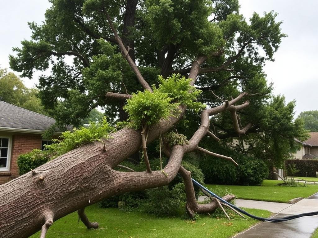 Large fallen tree across a suburban front yard after a storm