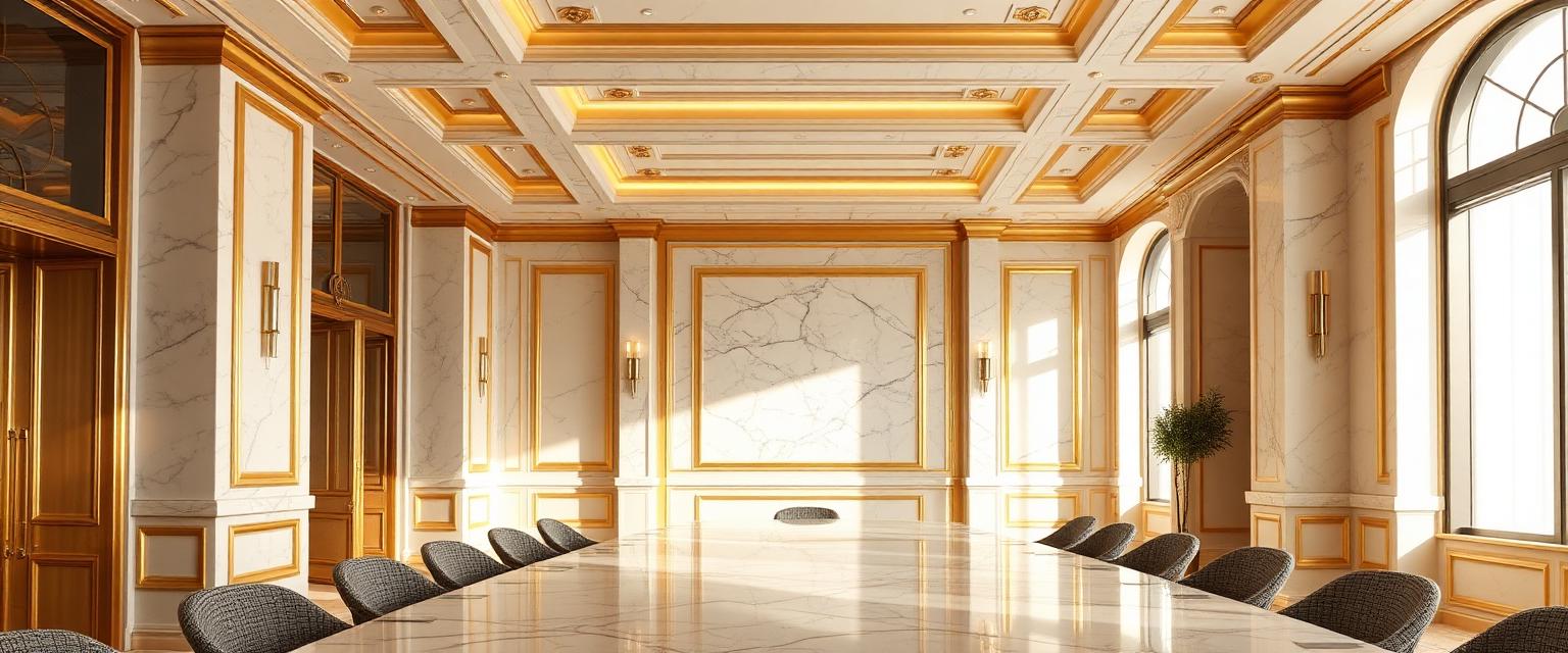 Elegant marble and brass boardroom interior