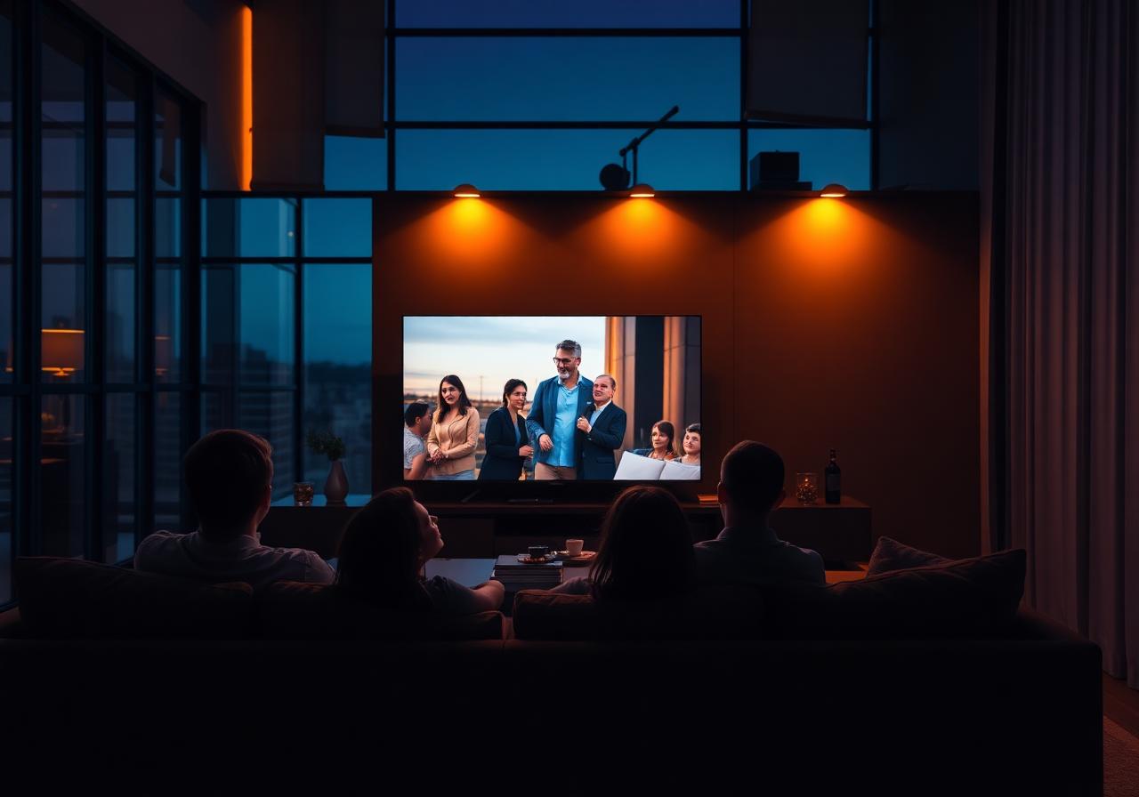 Family watching a premium commercial on a large smart TV