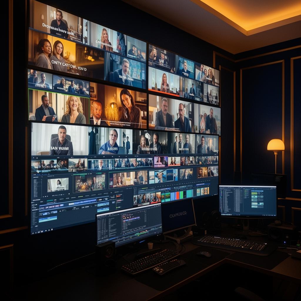 Wall of commercial screens in an editing studio