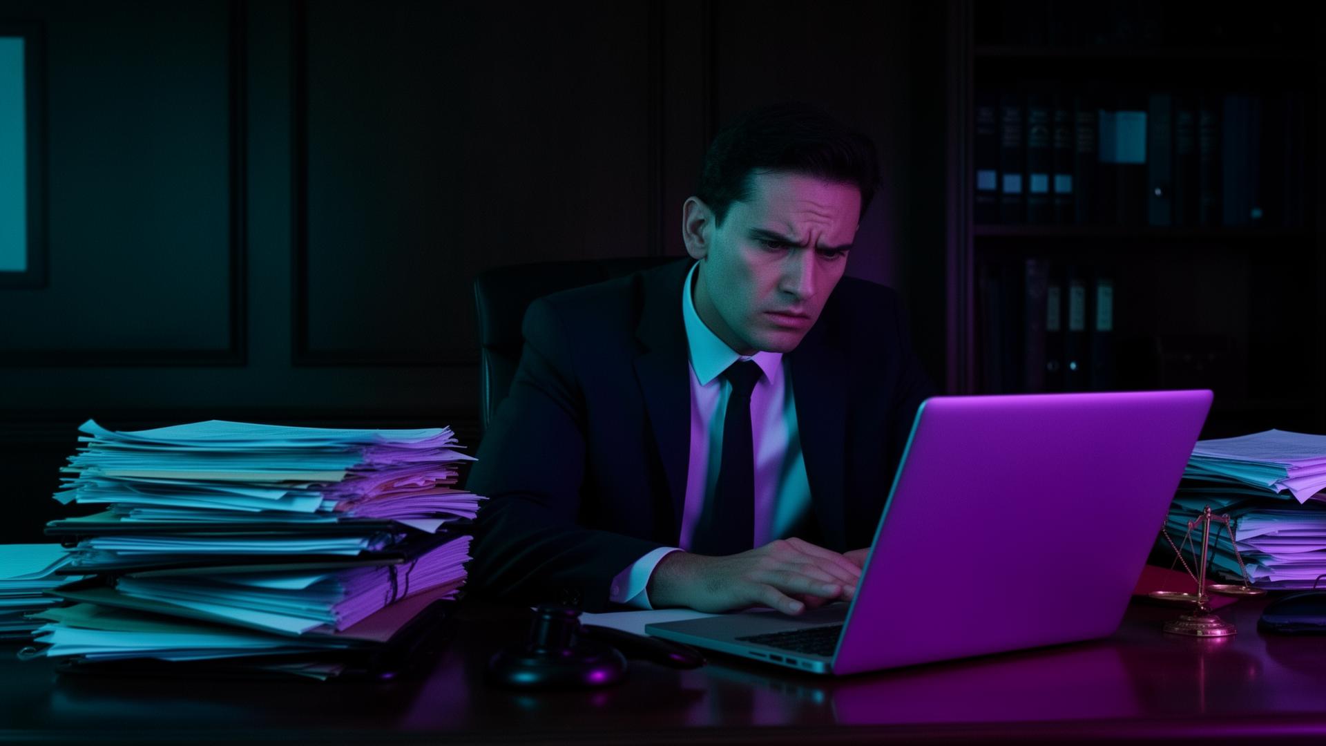 Cluttered desk piled with legal documents under harsh fluorescent light