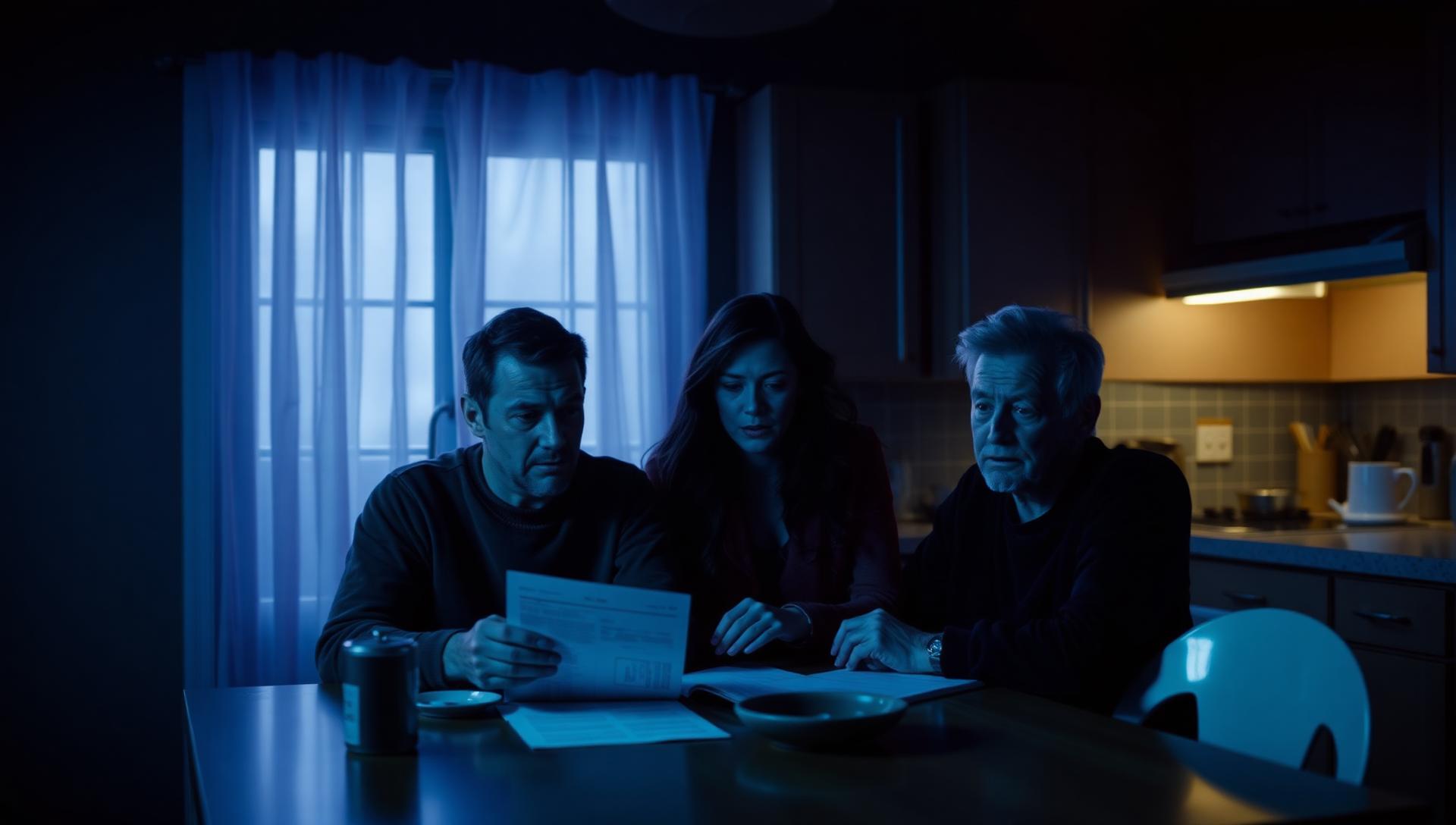 Homeowner couple reviewing high electricity bill at kitchen table