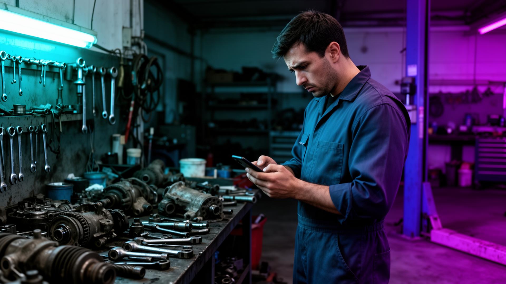 Frustrated driver looking at phone next to broken-down car