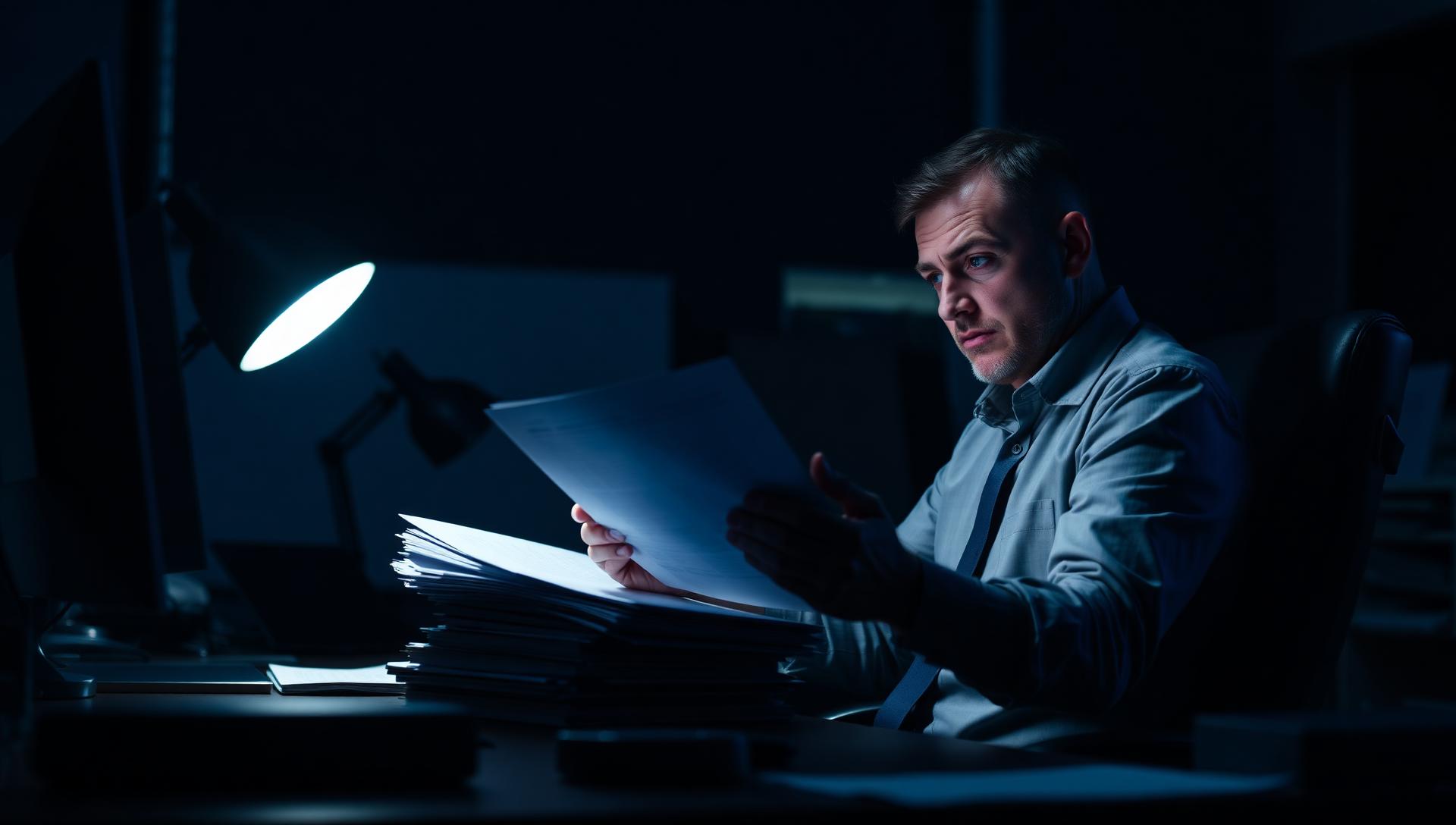 Corporate executive reviewing rising energy bill on tablet in dim office